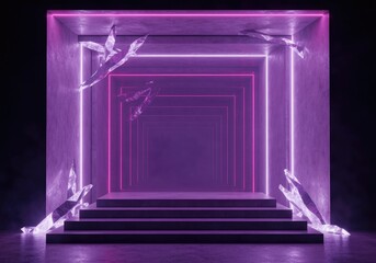 A purple neon abstract portal with crystals and steps leading into mystery, digital art, futuristic, sci-fi.