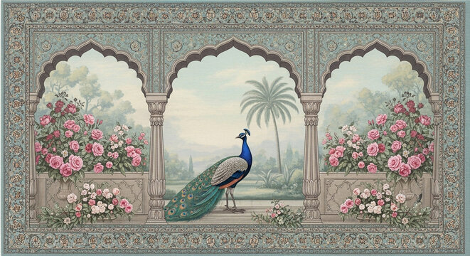 Peacock garden vintage archway floral backdrop wall art home decor aesthetic design illustration