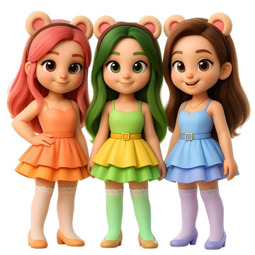 Three Girls Wearing Colorful Dresses Orange And Green And Blue, Each showing Smiles.eps