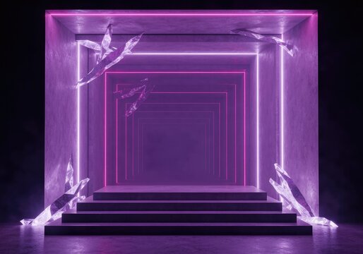 A purple neon abstract portal with crystals and steps leading into mystery, digital art, futuristic, sci-fi.