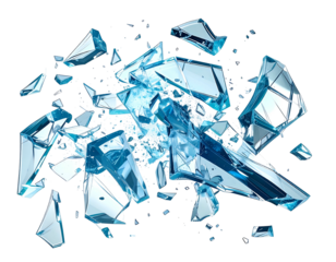 Jagged, translucent fragments explode into abstract shapes