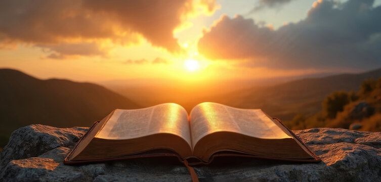 Open Bible rests on rock with sunrise over mountains. Warm light illuminates pages telling ancient story. Represents faith hope and new beginnings.