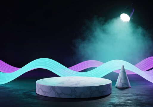 Abstract scene with glowing neon waves, spotlight, and marble podium for product display