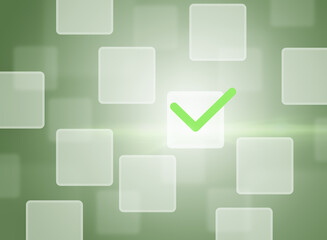 A check mark in a holographic square on a green background. Choice concept.