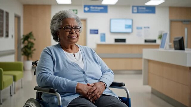 Patient with disability waits in hospital lobby for medical consultation and recovery plan
