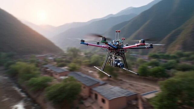 High tech multirotor drone equipped with professional camera flying over mountainous rural village during sunrise capturing aerial images