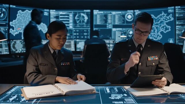 Military officers analyze enemy strategies in command center planning session