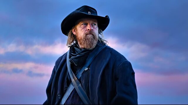Dramatic Portrait of a Bearded Cowboy at Twilight.