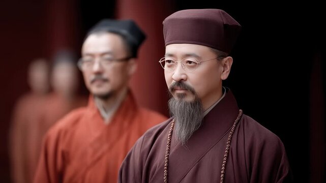 Tang Dynasty officials stand solemnly in court displaying authority and solemnity