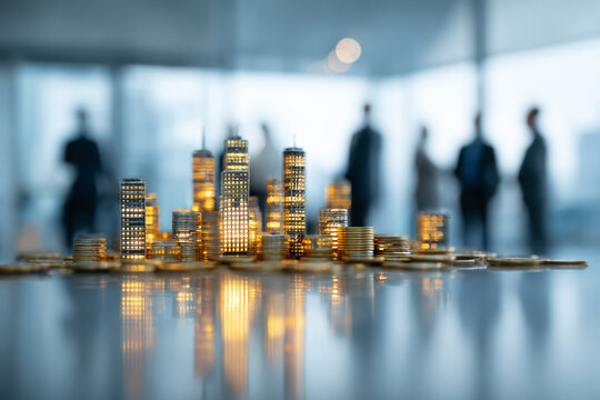 Miniature city skyline made of stacked coins with blurred business people behind - Powered by Adobe