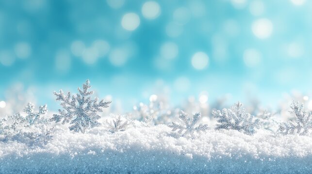 Winter Wonderland: Sparkling Snowflakes on Soft Snow with a Blurred Blue Bokeh Background