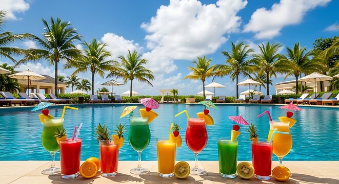 Colorful tropical cocktails with fruit garnishes and umbrellas line a luxury resort swimming pool, set against palm trees and a blue sky, evoking summer vacation and relaxation.