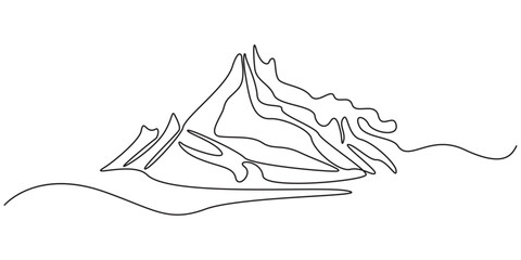 One continuous line art drawing of mountain range landscape, Continuous Line Mountain Range Drawing vector illustration, Abstract mountain range landscape simple one line art drawing of mountains