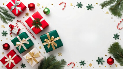 Warm and Joyful Christmas Flat Lay Composition with Gold Stars, Candy Canes, and Holiday Greetings Text