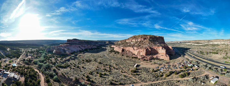Aerial landscape of western red rock mountain scenery on historic route 66 in Lupton Arizona AZ