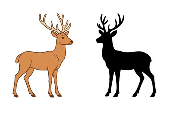 Male deer with prominent antlers presented as a detailed brown figure and a stark black silhouette