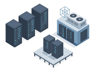 Naklejka premium Isometric view of a large data center infrastructure with server racks and cooling units