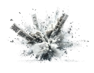 Shattered text fragments explode through a splash of liquid