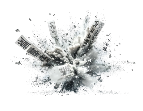 Shattered text fragments explode through a splash of liquid