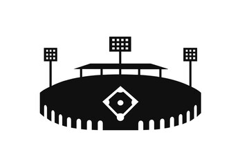 Naklejka premium Minimalist black silhouette of a baseball stadium with floodlights and a visible infield diamond shape
