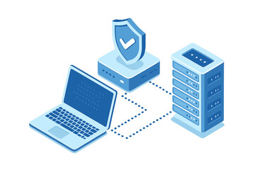 Secure data transfer between laptop and server protected by a digital shield icon