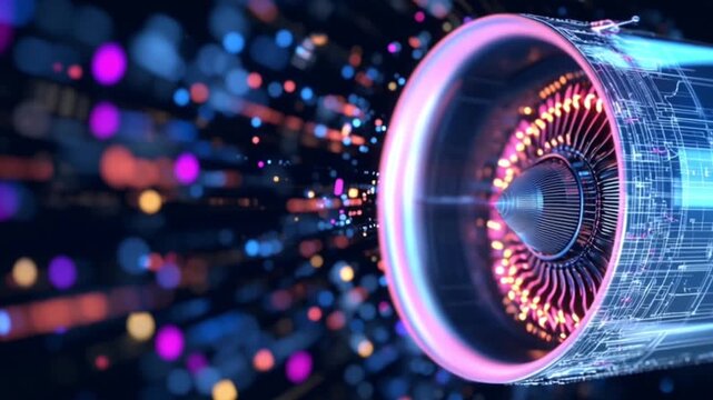 Futuristic 3d digital rendering of a jet engine integrated with glowing circuit board design representing advanced aerospace engineering technology
