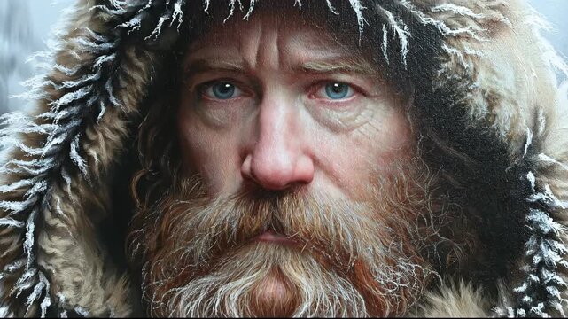 Intense close up portrait of a rugged bearded man in a fur hood.