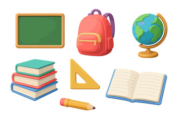 Colorful collection of essential school supplies including backpack, books, and globe