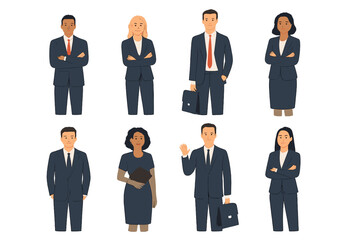 Diverse group of business professionals standing in formal suits isolated on white background