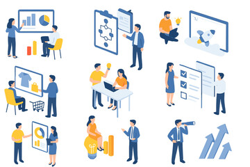 Business professionals analyzing data and developing strategy in an isometric environment