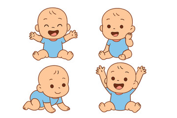 Four cute cartoon babies in various poses and happy expressions