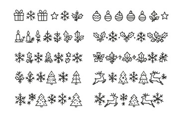 Simple line art Christmas and winter holiday decorative borders and seasonal elements