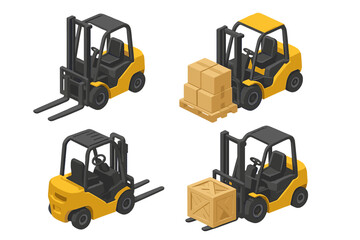 Isometric yellow forklifts transporting cardboard boxes on a pallet and a large wooden crate