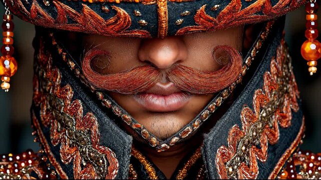 Close-up of a man with a large mustache and ornate headwear.
