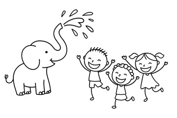 Cute elephant spraying water on three joyful children playing together in summer