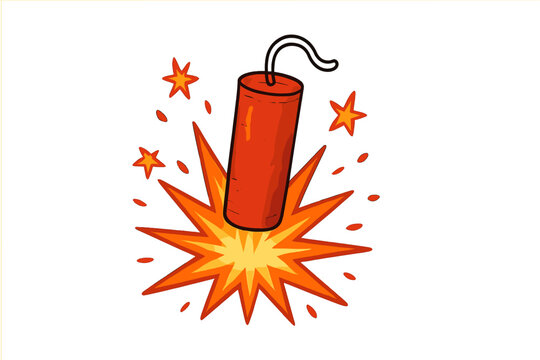 Red dynamite stick exploding with bright orange fire and flying stars