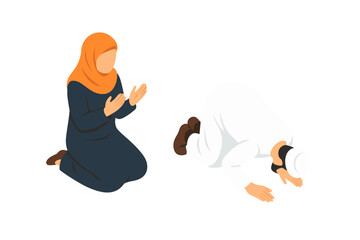 Muslim man prostrating in prayer and woman kneeling with hands raised for Du'a