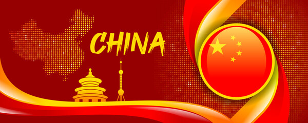 China Flag with Map and Famous Landmarks in Red Abstract Background