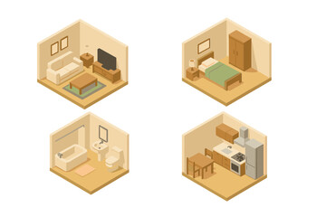 Isometric interior design set showing four apartment rooms: living room, bedroom, bathroom, and kitchen