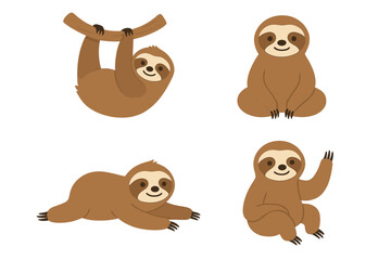 Naklejka premium Cute cartoon sloths set in various positions: hanging from a branch, sitting, and lying down