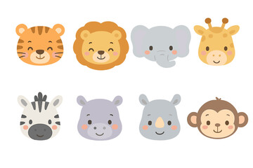 Obraz premium Cute safari animal faces including lion tiger elephant giraffe zebra rhinoceros hippopotamus and monkey