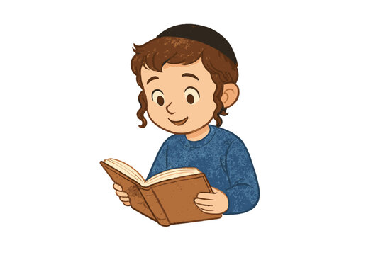 Happy young Jewish boy reading a religious book while wearing a kippah