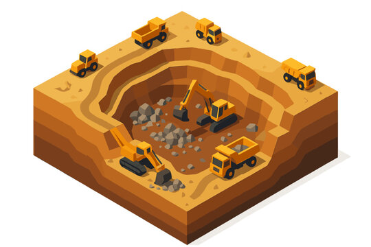 Large open pit mine with excavators and dump trucks working on rock extraction