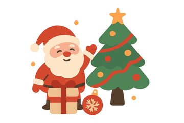 Cheerful Santa Claus character standing next to a decorated Christmas tree and wrapped present