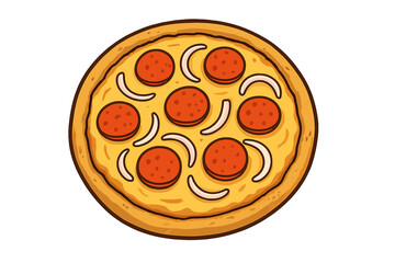 Delicious whole pepperoni and onion pizza with thick crust isolated on a white background