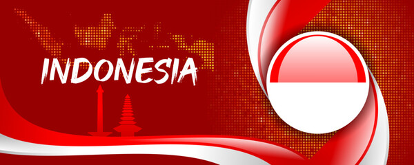 Indonesia Flag with Map and Famous Landmarks in Red and White Abstract Background