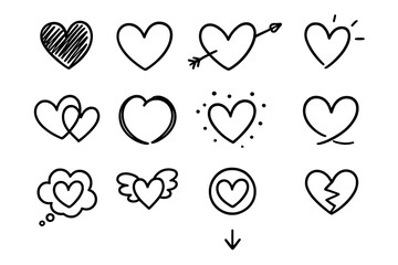 Collection of twelve different doodle style heart symbols representing love and affection
