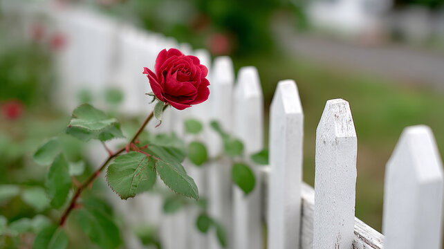 Red rose blooming by a white picket fence in a garden.