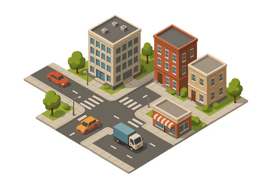 Isometric downtown city block with apartment buildings, commercial stores, street intersection, and moving vehicles