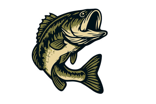 Stylized largemouth bass fish jumping aggressively with mouth wide open